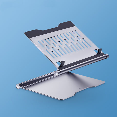 Metallic laptop stand on a blue background