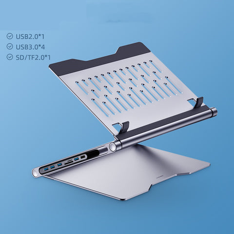 Laptop stand with multiple ports on a blue background