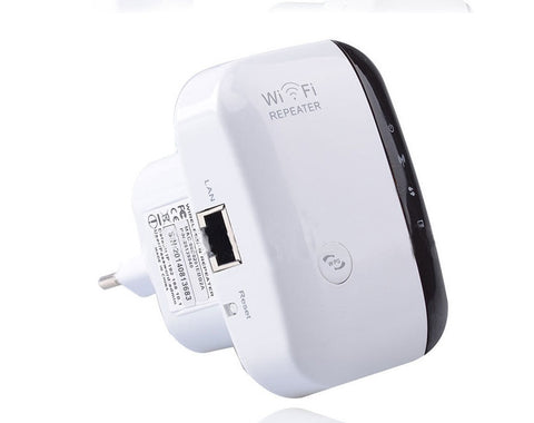 White WiFi repeater with black accents on a white background