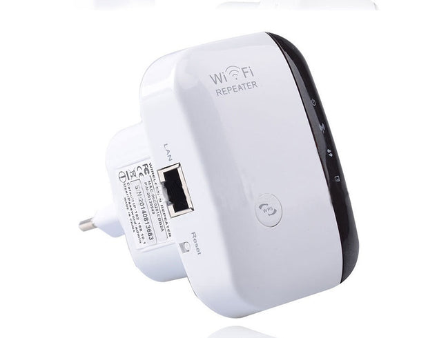 White WiFi repeater with black accents on a white background