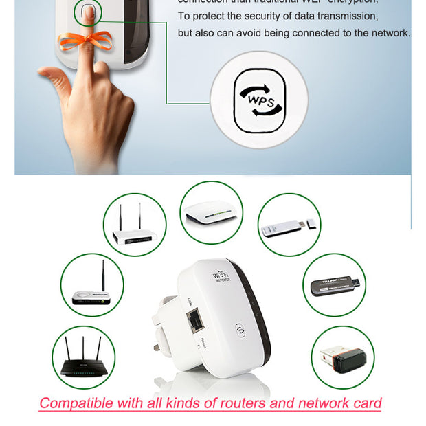 Advertisement for a Wi-Fi adapter with compatibility features and hand interacting with device.